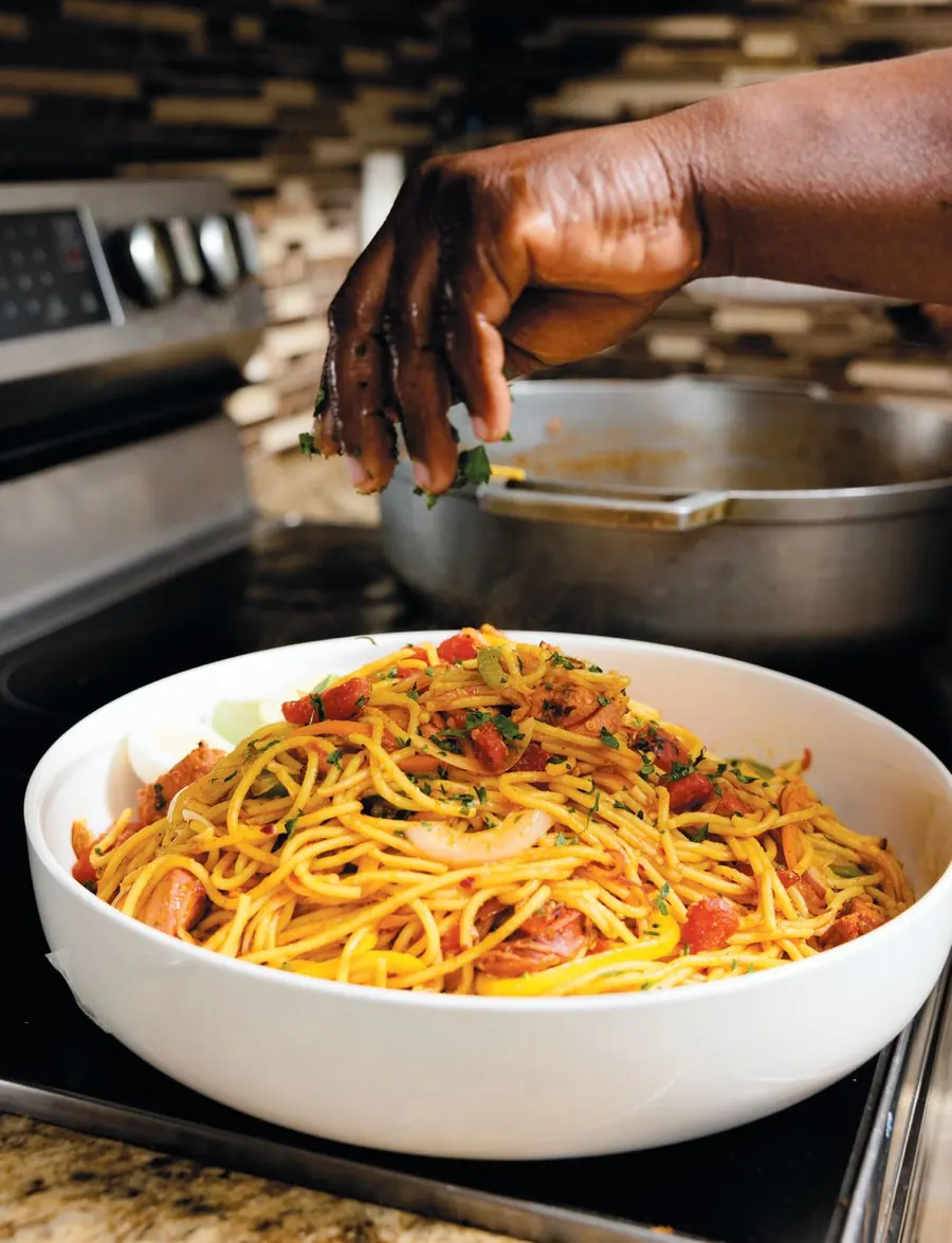 Haitian spaghetti in a white bowl